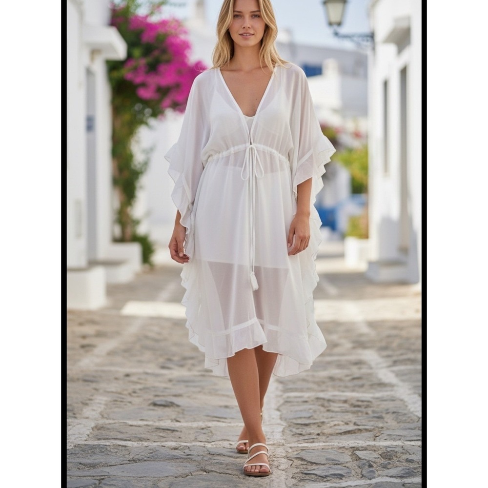 India Boutique White Ruffled V-Neck Beach Cover-Up